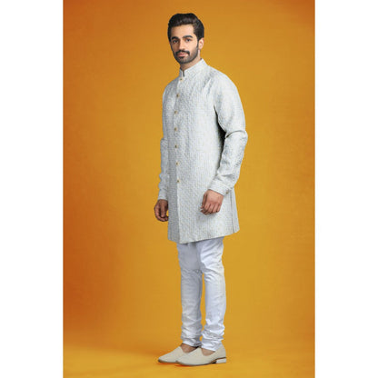 CHAR CHAAND Ivory Embroidery with Jewelled Buttons Kurta with Churidar & Bundi (Set of 3)
