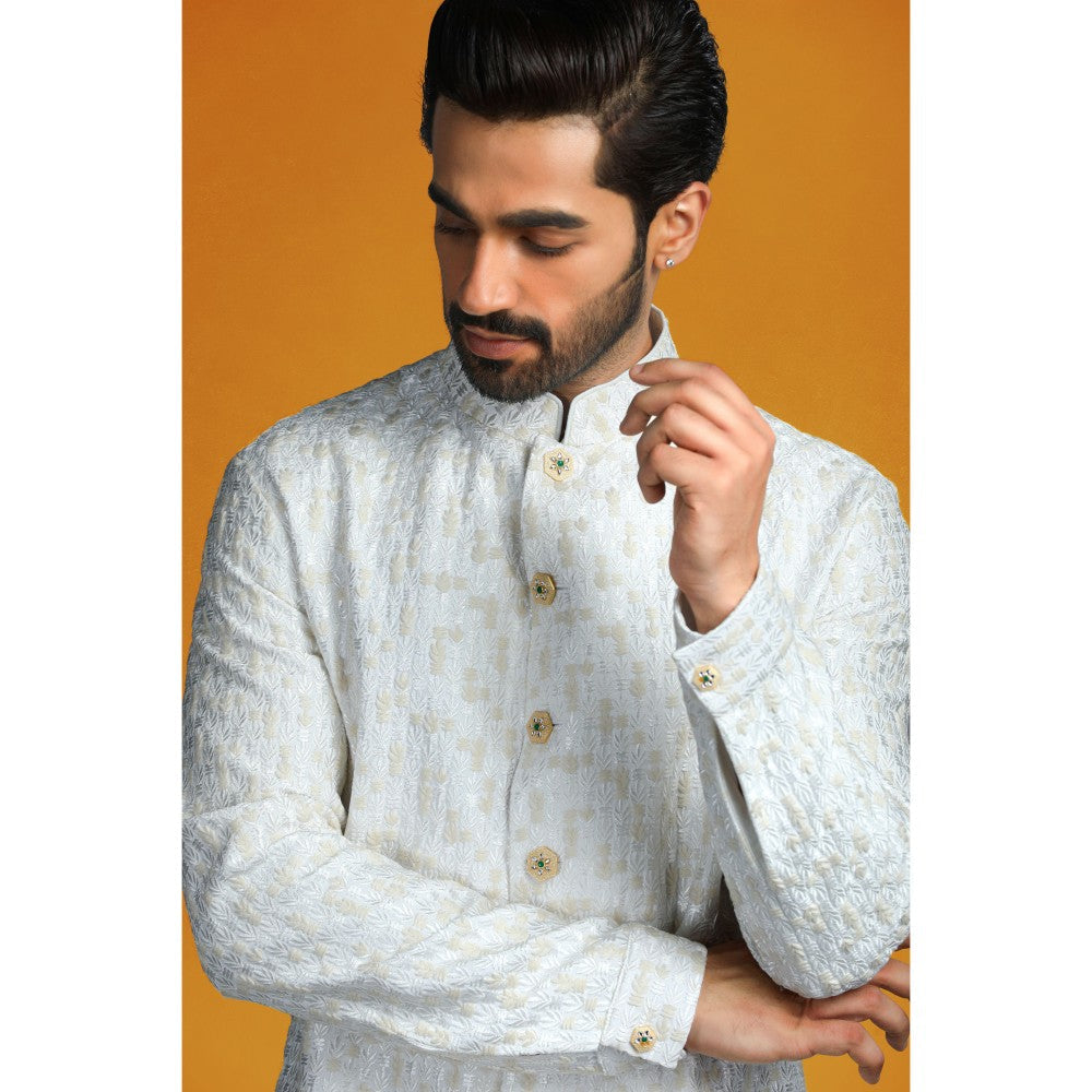 CHAR CHAAND Ivory Embroidery with Jewelled Buttons Kurta with Churidar & Bundi (Set of 3)