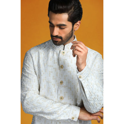 CHAR CHAAND Ivory Embroidery with Jewelled Buttons Kurta with Churidar & Bundi (Set of 3)