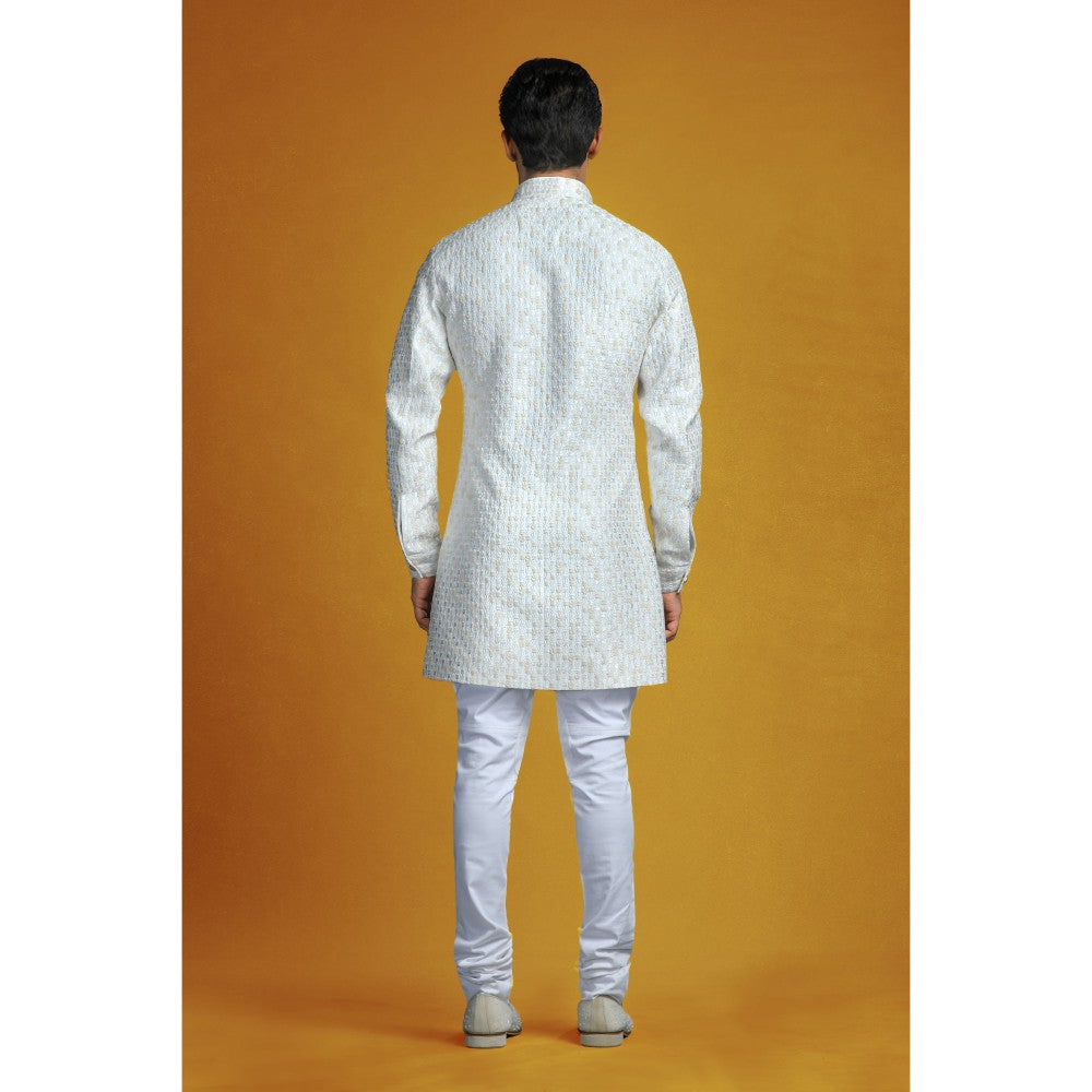 CHAR CHAAND Ivory Embroidery with Jewelled Buttons Kurta with Churidar & Bundi (Set of 3)