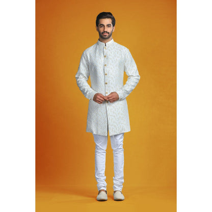 CHAR CHAAND Ivory Embroidery with Jewelled Buttons Kurta with Churidar & Bundi (Set of 3)
