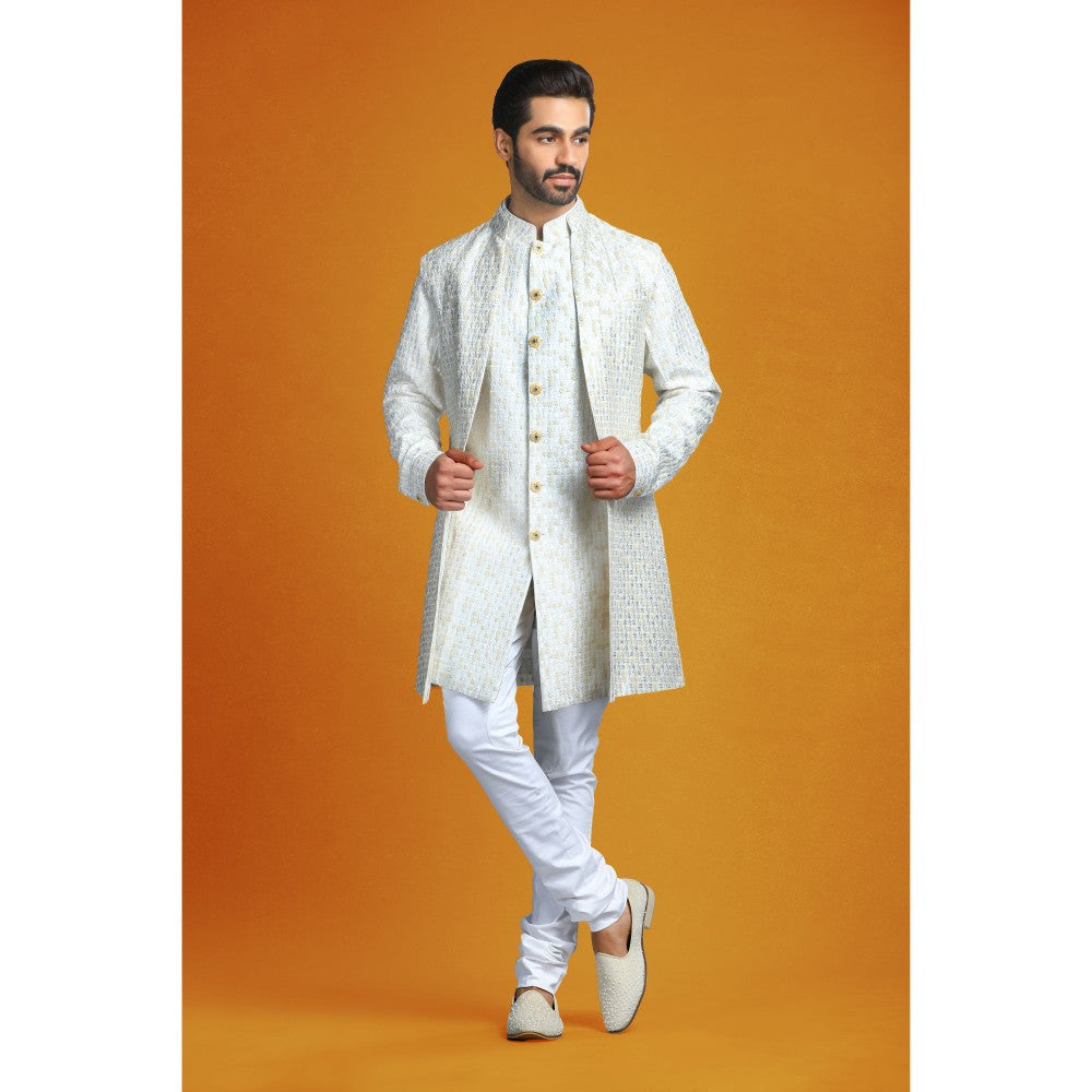 CHAR CHAAND Ivory Embroidery with Jewelled Buttons Kurta with Churidar & Bundi (Set of 3)