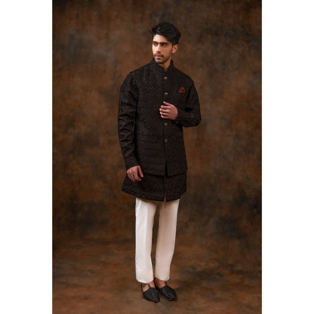 CHAR CHAAND Charcoal Black Geometric Kurta with Pant & Bundi (Set of 3)