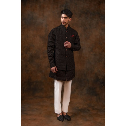 CHAR CHAAND Charcoal Black Geometric Kurta with Pant & Bundi (Set of 3)