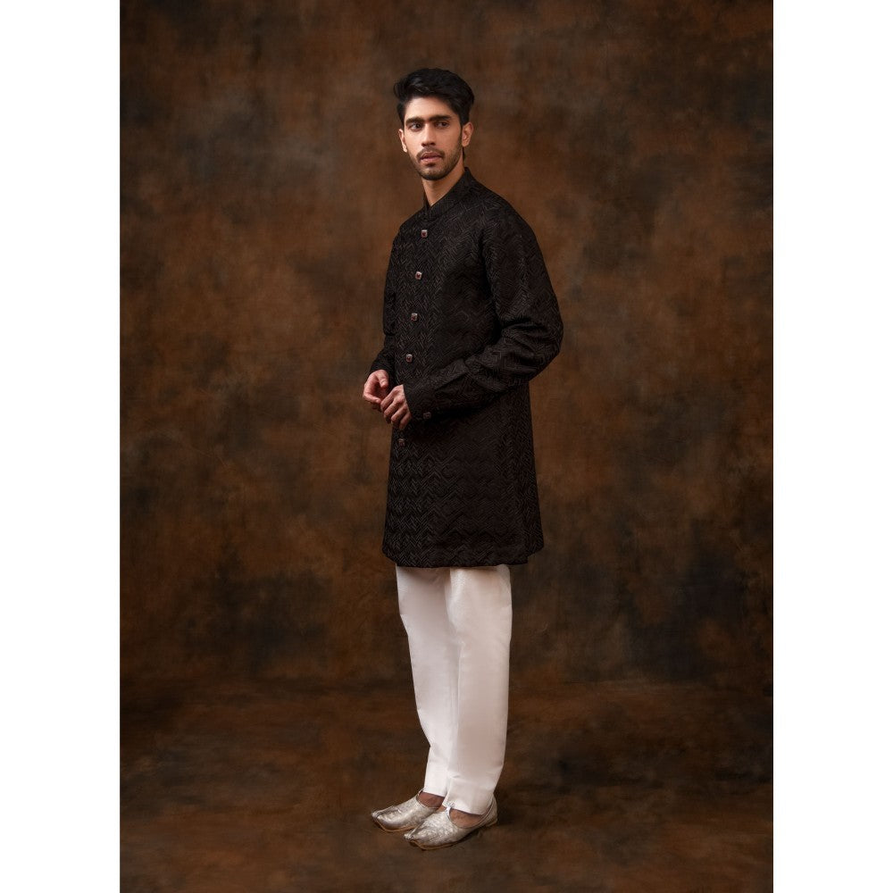 CHAR CHAAND Charcoal Black Geometric Kurta with Pant & Bundi (Set of 3)