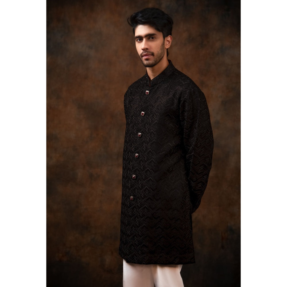 CHAR CHAAND Charcoal Black Geometric Kurta with Pant & Bundi (Set of 3)