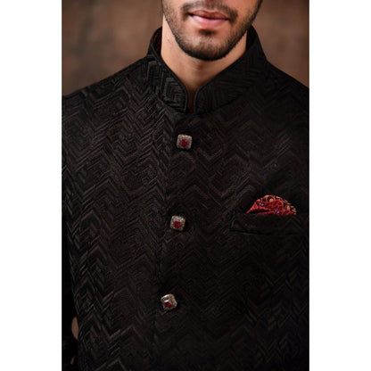 CHAR CHAAND Charcoal Black Geometric Kurta with Pant & Bundi (Set of 3)