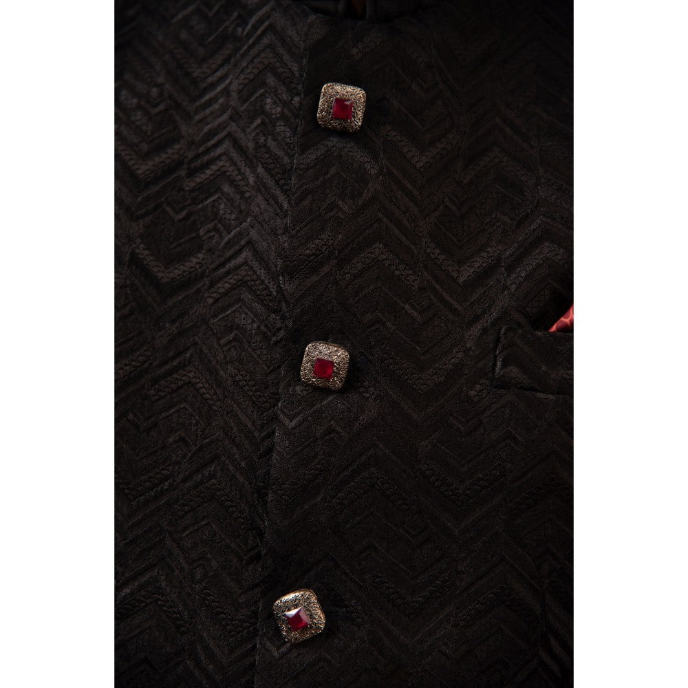 CHAR CHAAND Charcoal Black Geometric Kurta with Pant & Bundi (Set of 3)