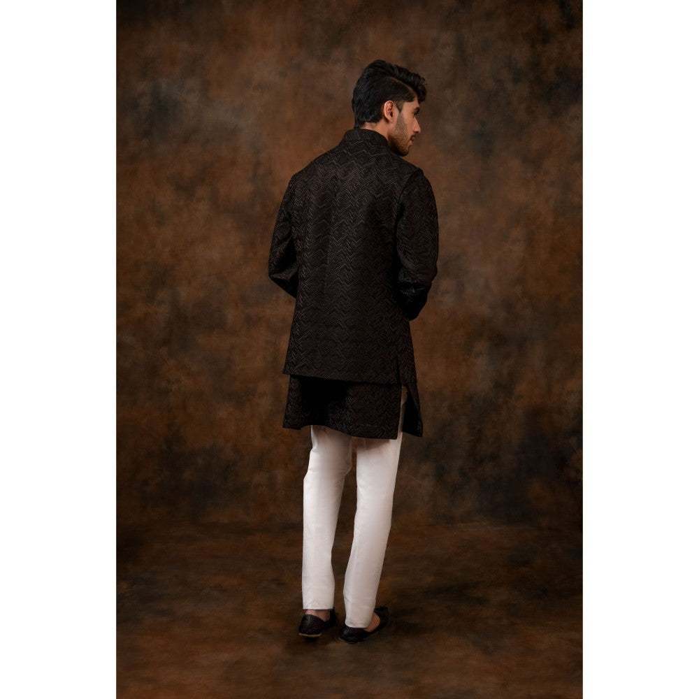 CHAR CHAAND Charcoal Black Geometric Kurta with Pant & Bundi (Set of 3)