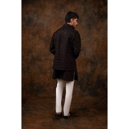 CHAR CHAAND Charcoal Black Geometric Kurta with Pant & Bundi (Set of 3)