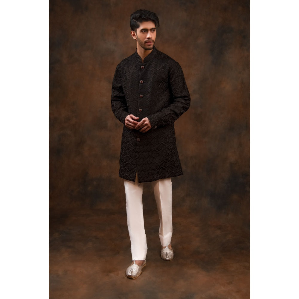 CHAR CHAAND Charcoal Black Geometric Kurta with Pant & Bundi (Set of 3)