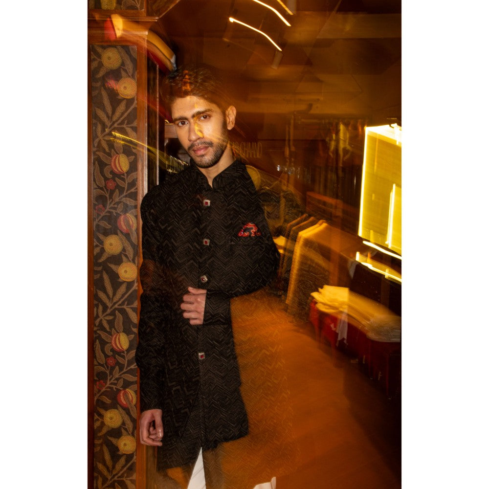 CHAR CHAAND Charcoal Black Geometric Kurta with Pant & Bundi (Set of 3)