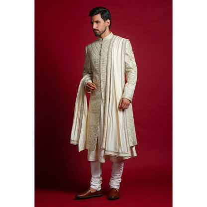 CHAR CHAAND Ivory Luxe Embroidery Kurta with Churidar and Sherwani with Dupatta (Set of 4)