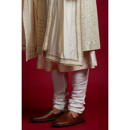 CHAR CHAAND Ivory Luxe Embroidery Kurta with Churidar and Sherwani with Dupatta (Set of 4)