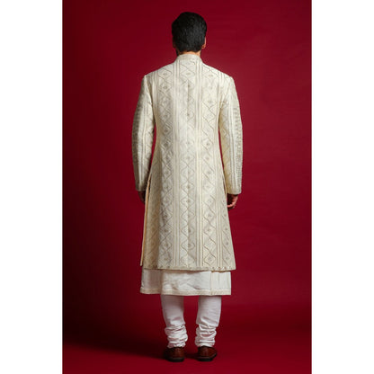 CHAR CHAAND Ivory Luxe Embroidery Kurta with Churidar and Sherwani with Dupatta (Set of 4)