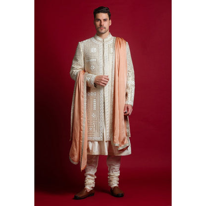CHAR CHAAND Luxurious Cream Dori Kurta with Churidar and Sherwani with Dupatta (Set of 4)