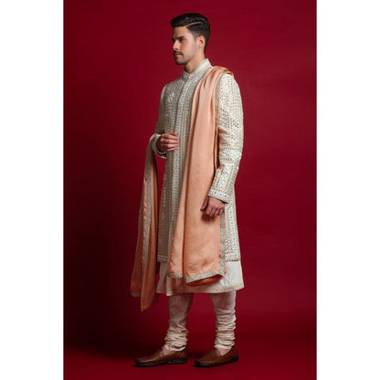 CHAR CHAAND Luxurious Cream Dori Kurta with Churidar and Sherwani with Dupatta (Set of 4)