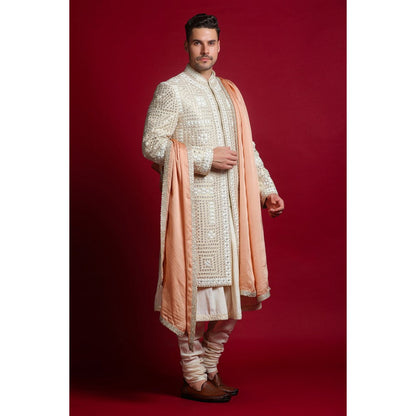 CHAR CHAAND Luxurious Cream Dori Kurta with Churidar and Sherwani with Dupatta (Set of 4)
