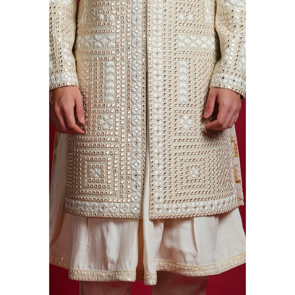 CHAR CHAAND Luxurious Cream Dori Kurta with Churidar and Sherwani with Dupatta (Set of 4)