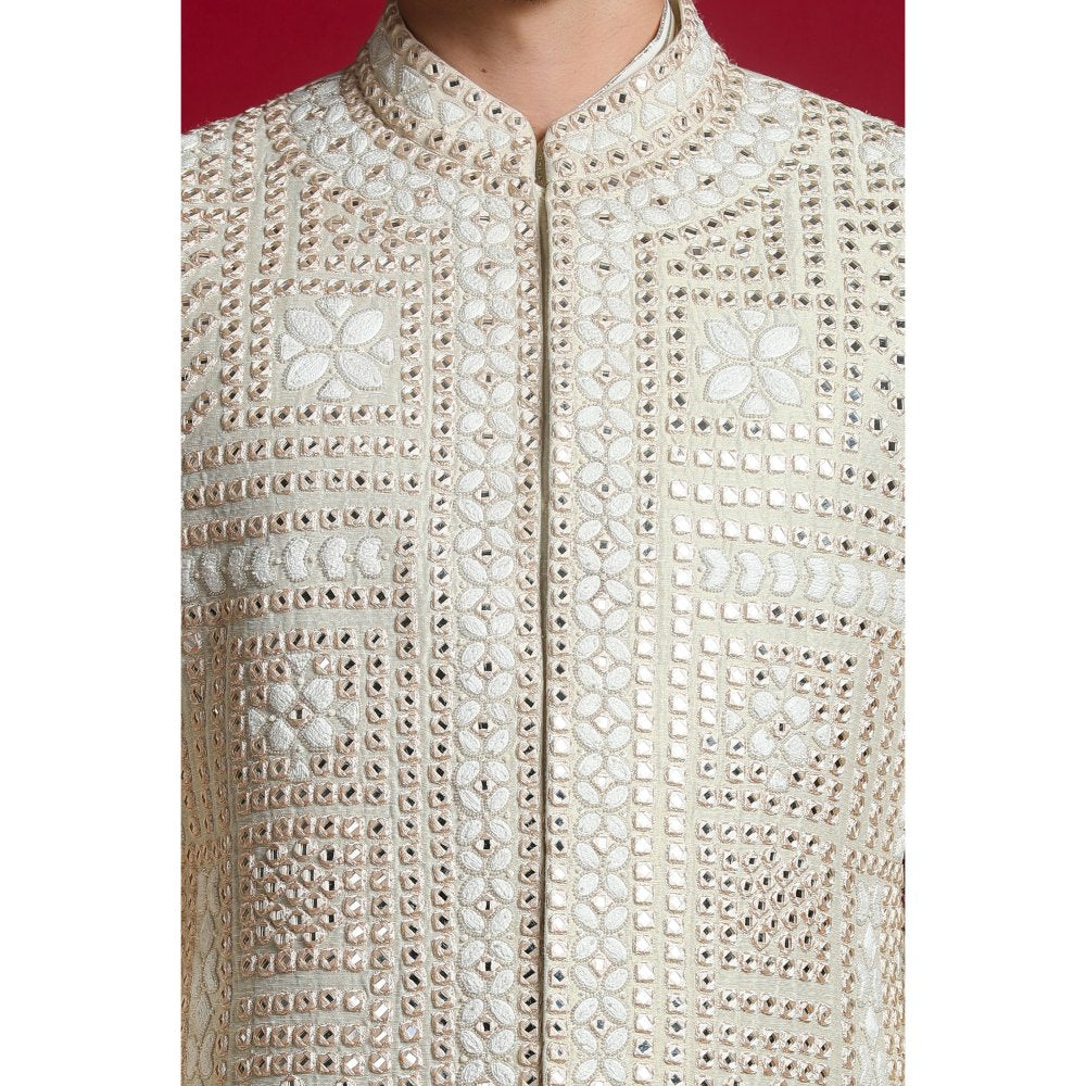 CHAR CHAAND Luxurious Cream Dori Kurta with Churidar and Sherwani with Dupatta (Set of 4)