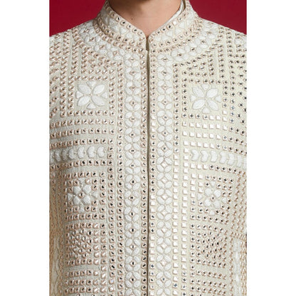 CHAR CHAAND Luxurious Cream Dori Kurta with Churidar and Sherwani with Dupatta (Set of 4)