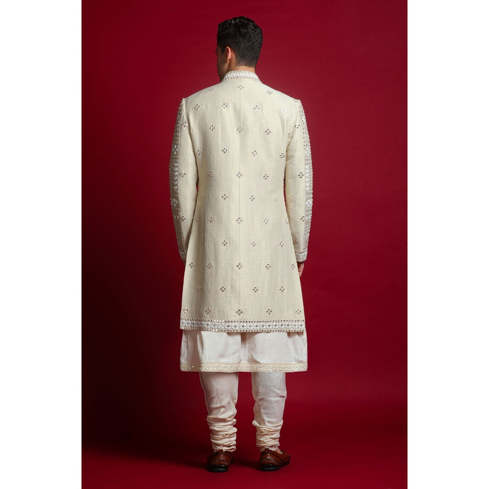 CHAR CHAAND Luxurious Cream Dori Kurta with Churidar and Sherwani with Dupatta (Set of 4)