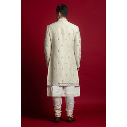 CHAR CHAAND Luxurious Cream Dori Kurta with Churidar and Sherwani with Dupatta (Set of 4)