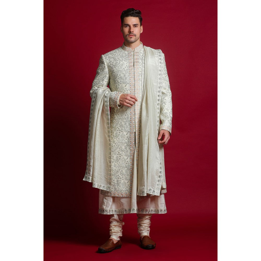 CHAR CHAAND Ivory Floral Kurta with Churidar and Sherwani with Dupatta (Set of 4)