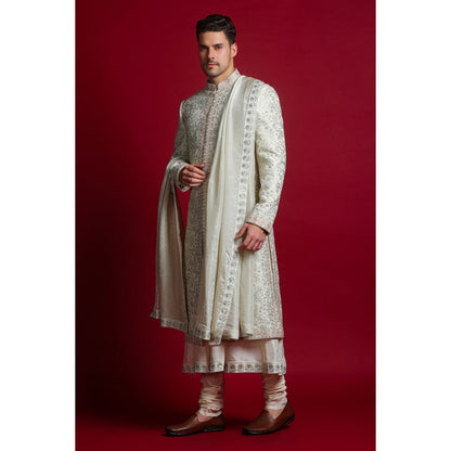 CHAR CHAAND Ivory Floral Kurta with Churidar and Sherwani with Dupatta (Set of 4)