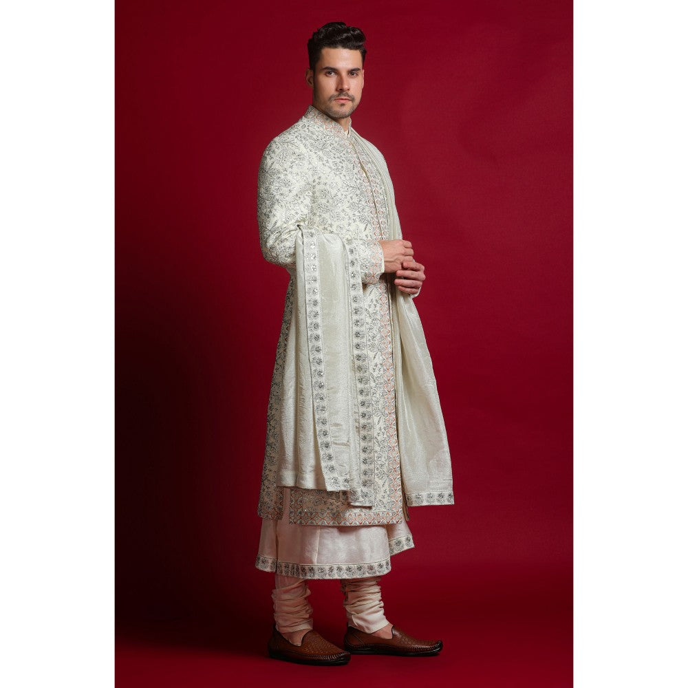 CHAR CHAAND Ivory Floral Kurta with Churidar and Sherwani with Dupatta (Set of 4)