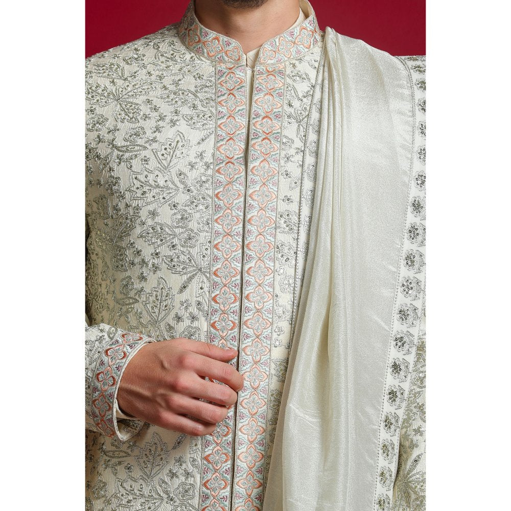 CHAR CHAAND Ivory Floral Kurta with Churidar and Sherwani with Dupatta (Set of 4)