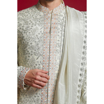 CHAR CHAAND Ivory Floral Kurta with Churidar and Sherwani with Dupatta (Set of 4)