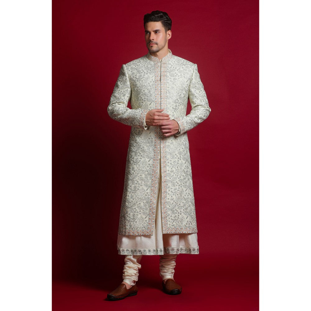 CHAR CHAAND Ivory Floral Kurta with Churidar and Sherwani with Dupatta (Set of 4)