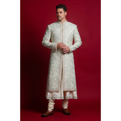 CHAR CHAAND Ivory Floral Kurta with Churidar and Sherwani with Dupatta (Set of 4)