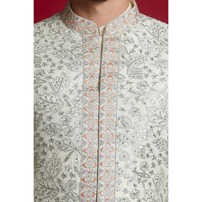CHAR CHAAND Ivory Floral Kurta with Churidar and Sherwani with Dupatta (Set of 4)