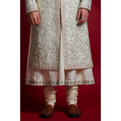 CHAR CHAAND Ivory Floral Kurta with Churidar and Sherwani with Dupatta (Set of 4)