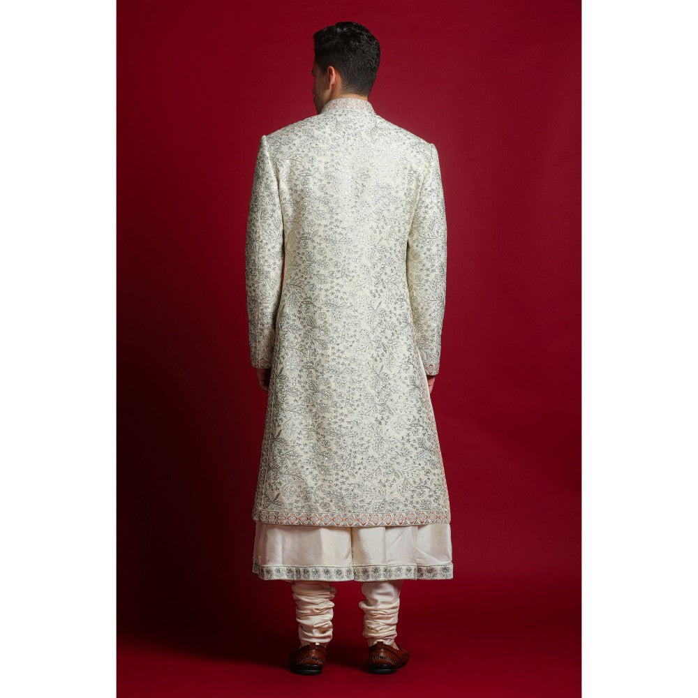 CHAR CHAAND Ivory Floral Kurta with Churidar and Sherwani with Dupatta (Set of 4)