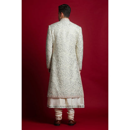CHAR CHAAND Ivory Floral Kurta with Churidar and Sherwani with Dupatta (Set of 4)