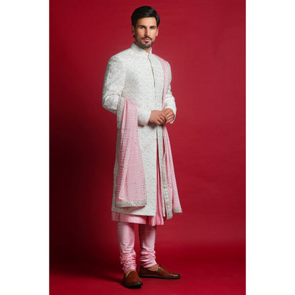 CHAR CHAAND Cream Embroidered Kurta with Churidar and Sherwani with Dupatta and Belt (Set of 5)