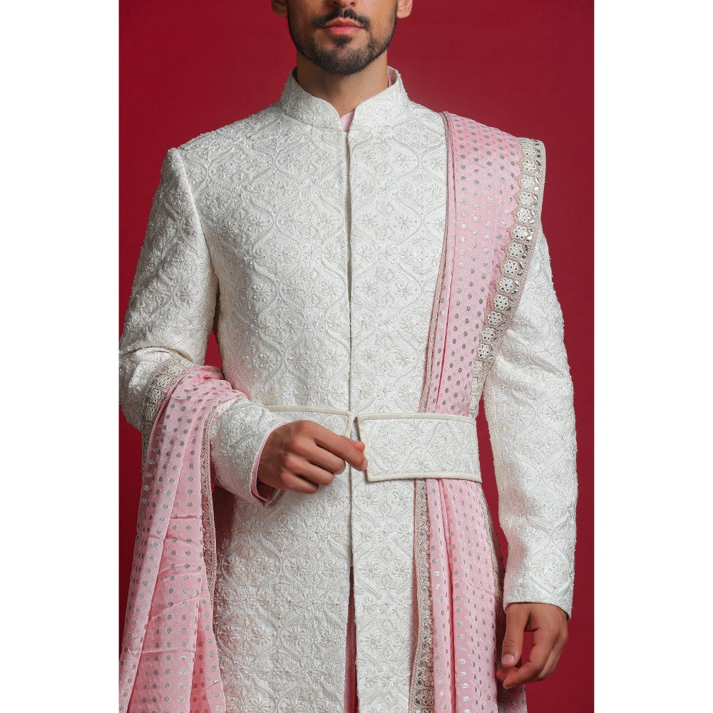 CHAR CHAAND Cream Embroidered Kurta with Churidar and Sherwani with Dupatta and Belt (Set of 5)