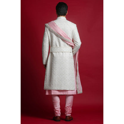 CHAR CHAAND Cream Embroidered Kurta with Churidar and Sherwani with Dupatta and Belt (Set of 5)