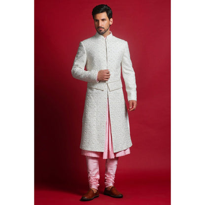 CHAR CHAAND Cream Embroidered Kurta with Churidar and Sherwani with Dupatta and Belt (Set of 5)