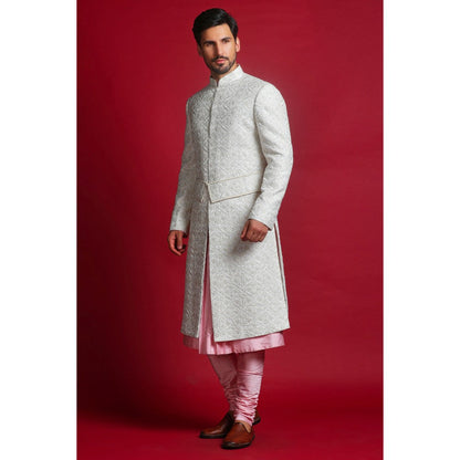CHAR CHAAND Cream Embroidered Kurta with Churidar and Sherwani with Dupatta and Belt (Set of 5)