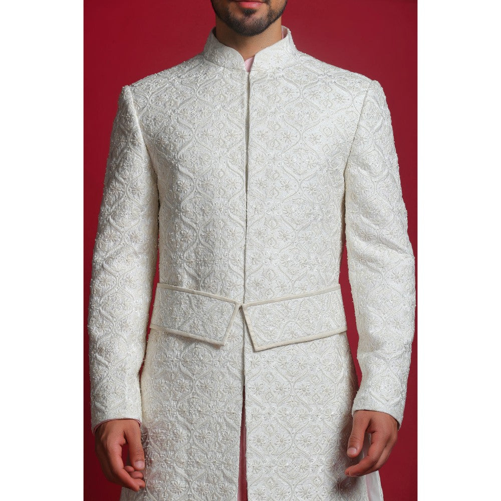 CHAR CHAAND Cream Embroidered Kurta with Churidar and Sherwani with Dupatta and Belt (Set of 5)