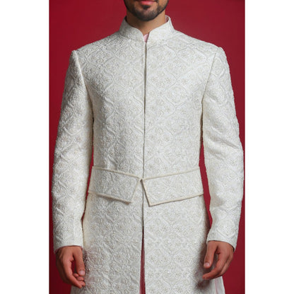 CHAR CHAAND Cream Embroidered Kurta with Churidar and Sherwani with Dupatta and Belt (Set of 5)