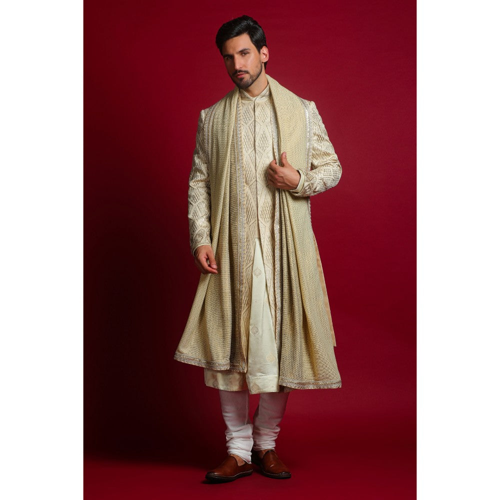 CHAR CHAAND Cream Gota Embroidery Kurta with Churidar & Sherwani with Dupatta (Set of 4)