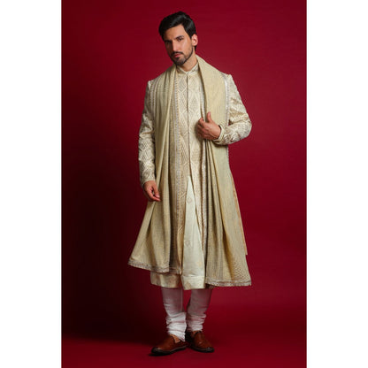 CHAR CHAAND Cream Gota Embroidery Kurta with Churidar & Sherwani with Dupatta (Set of 4)