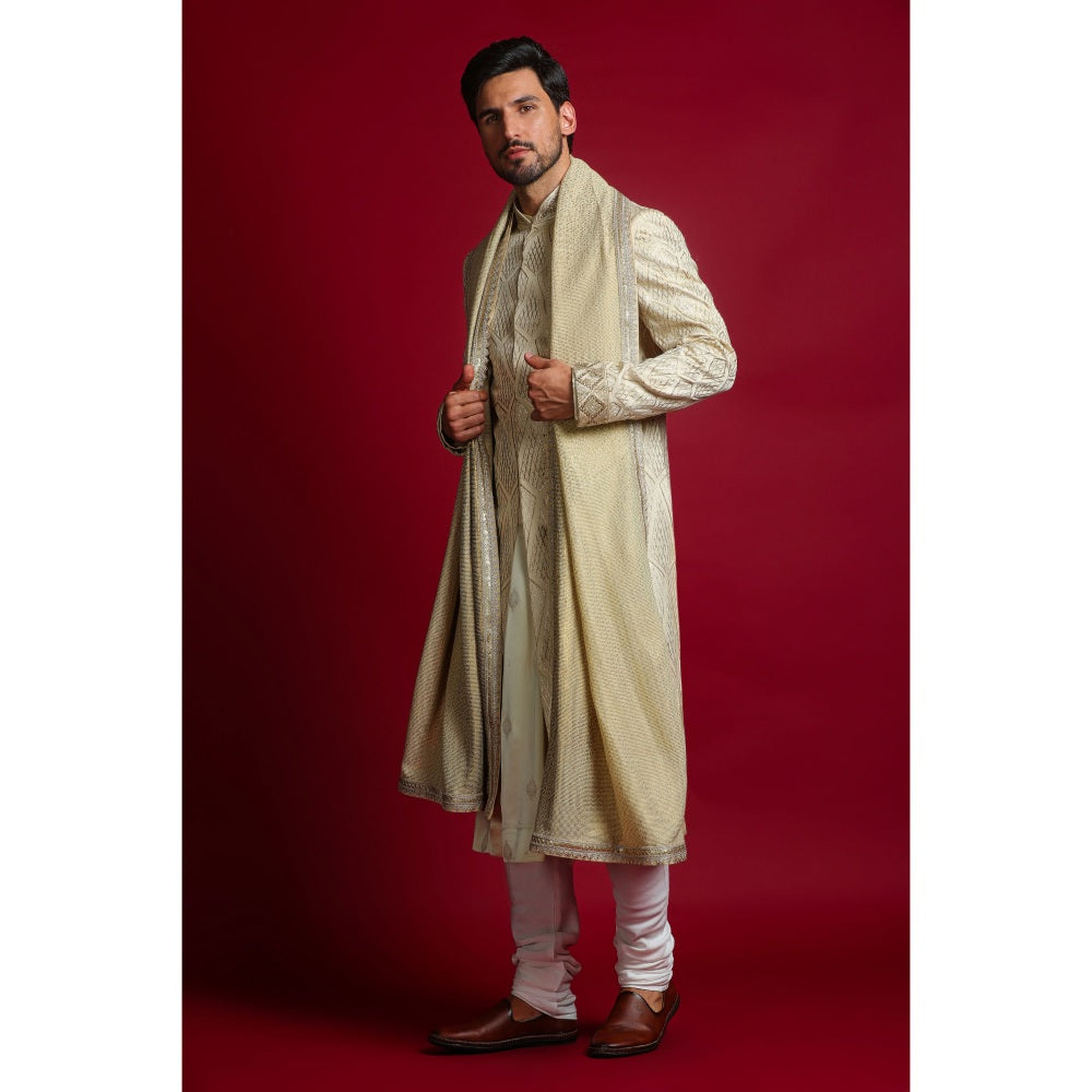 CHAR CHAAND Cream Gota Embroidery Kurta with Churidar & Sherwani with Dupatta (Set of 4)
