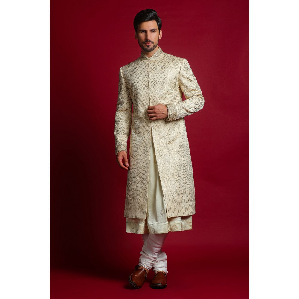 CHAR CHAAND Cream Gota Embroidery Kurta with Churidar & Sherwani with Dupatta (Set of 4)
