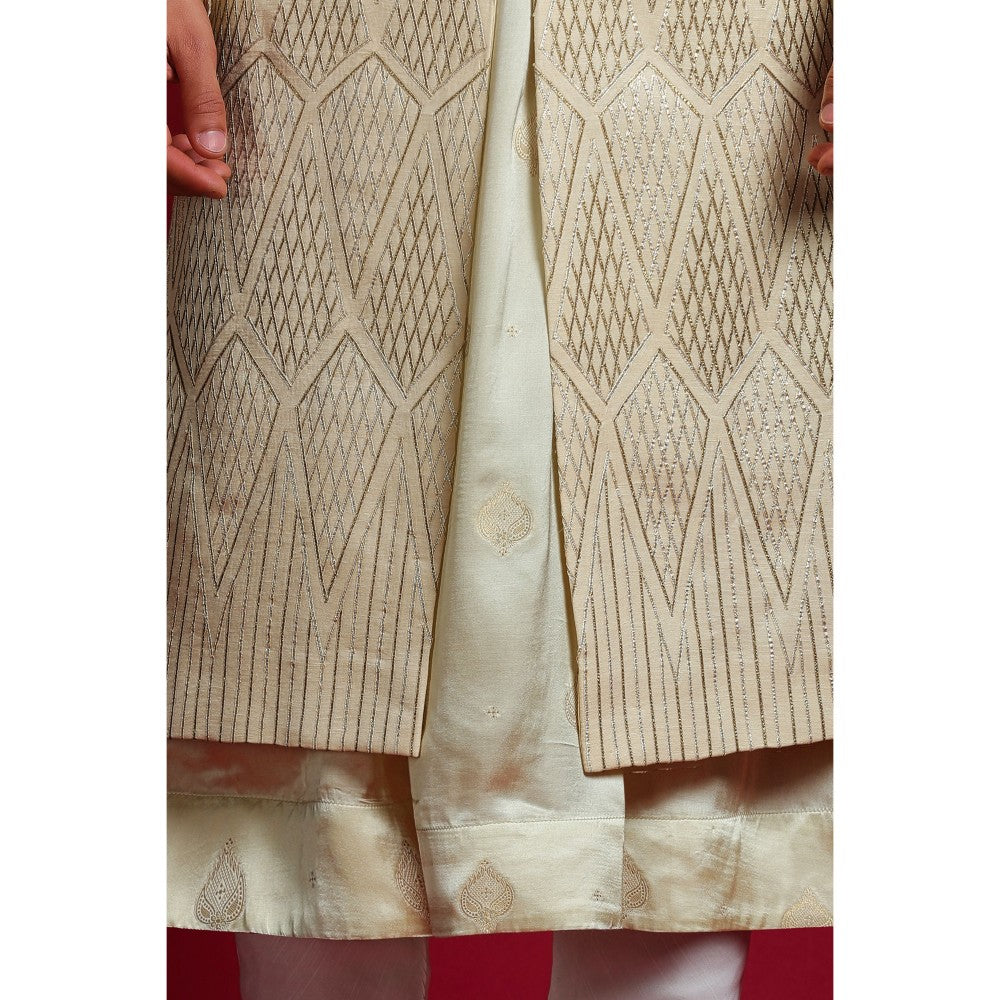 CHAR CHAAND Cream Gota Embroidery Kurta with Churidar & Sherwani with Dupatta (Set of 4)